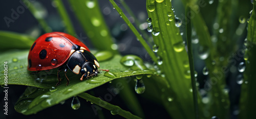 ladybug on grass with dew drops close up macro photo