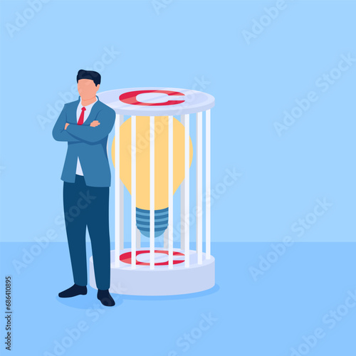 people keep the lights of ideas in cages marked intellectual rights, a metaphor for copyright. Simple flat conceptual illustration.