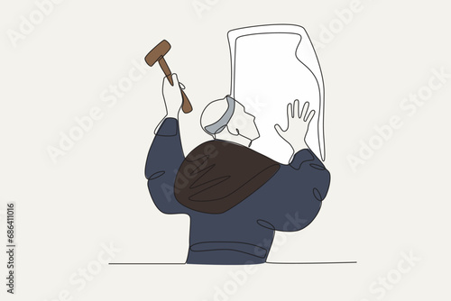 Illustration of a man attaching protestant teachings. Reforma protestante one-line drawing