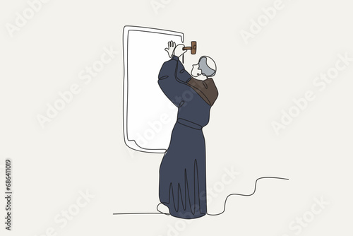 Illustration of a Protestant reformed man. Reforma protestante one-line drawing