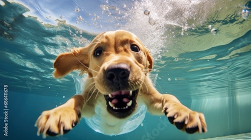 Funny underwater picture of puppies in swimming pool playing deep dive action training game with family pets and popular dog breeds during summer holidays. recreation, relax, generate by AI photo