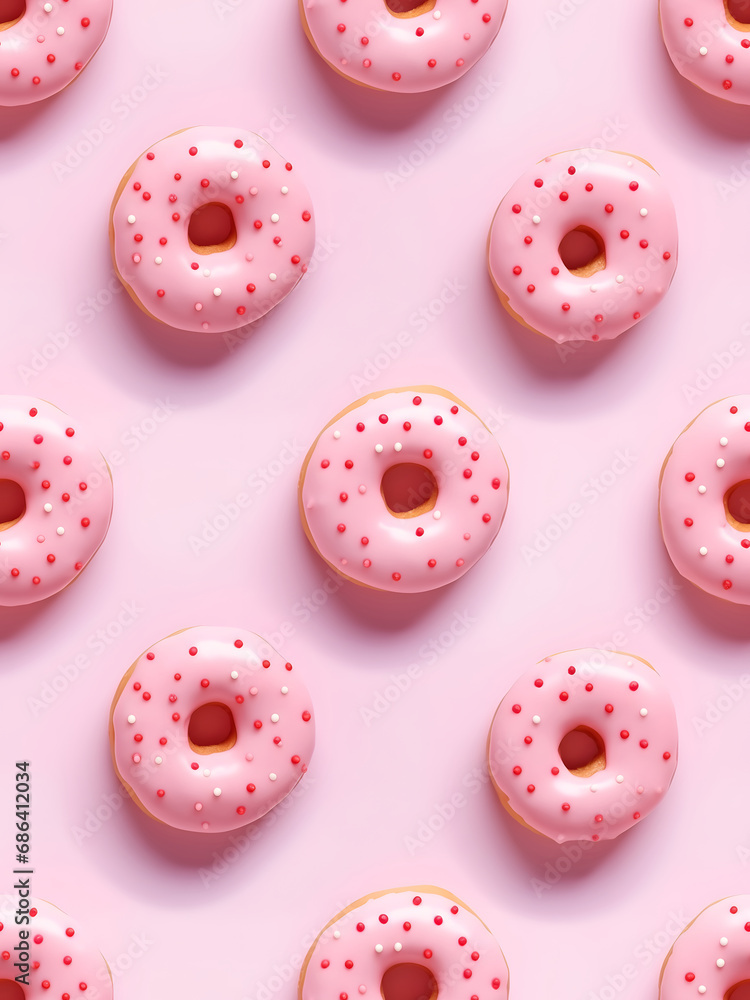 Seamless Pattern with pink donuts on light pink background. Photo of donuts in flat lay aerial view. Photo of donuts with glaze and frosting in flat lay aerial view. Seamless Pattern with pink donuts on light pink background. Photo of donuts in flat lay aerial view. Photo of donuts with glaze and frosting in flat lay aerial view.