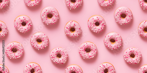 Seamless Pattern with pink donuts on light pink background. Photo of donuts in flat lay aerial view. Photo of donuts with glaze and frosting in flat lay aerial view. 