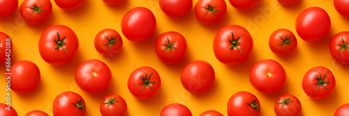Seamless Pattern with Cherry Tomatoes on orange background. Photo of tomatoes in flat lay aerial view. For graphic design, print, advertisement, wallpaper © Milan