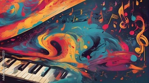 Harmony Unleashed World Music Day Banner Featuring a Piano Keyboard on a Vibrant Abstract Dust Background, Celebrating Music, Events, and Colorful Musical Instruments