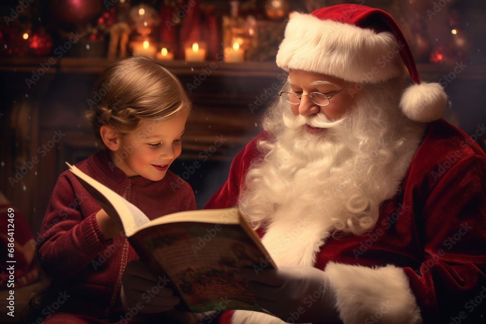 Santa reading a book to a little child sitting next to him with decorations and candles on the background Santa reading a book to a little child sitting next to him with decorations and candles on the background