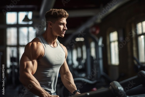 muscle young man exercising in a gym