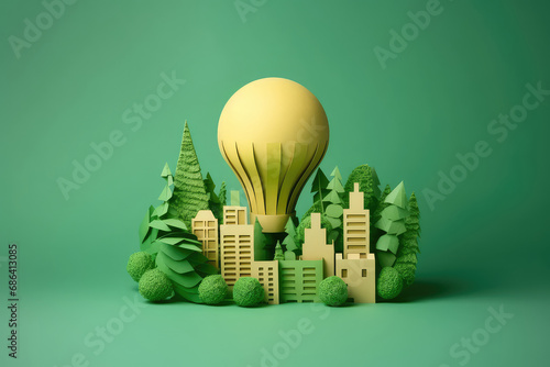 Ecology concept with green eco city background Environment Paper art style.