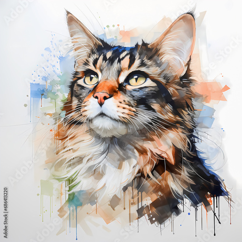 Watercolor Portrait of a Cat with Green Eyes: Beautiful Gaze Looking Up to the Sky. Mixed Breed with Fluffy Calico-Patterned Fur