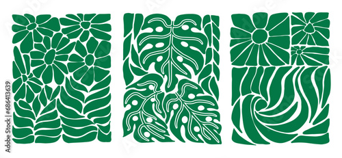 Green abstract flowers and Monstera leaves posters. Adam's rib leaves. Minimalist floral art prints inspired by Matisse, doodle-like design. Vector illustration isolated on transparent background.