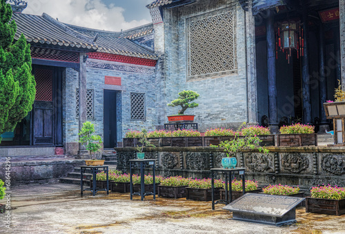 Guangzhou city, Guangdong, China. Shawan Ancient Town of Panyu, the place with 800 years of history. Memorial arch Sanfeng Liufang in Lingnan architectural style, Liugeng Ancestral Hall.  photo