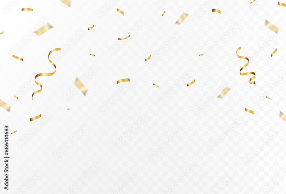 Gold confetti and ribbon streamers falling on a transparent background ...