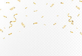 Gold confetti and ribbon streamers falling on a transparent background. blur. Transparent. Small and large.Vector