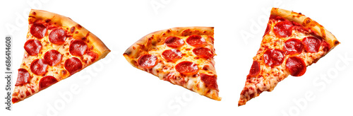 Collage of three pepperoni pizza slices on isolated transparent background