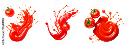 Tomato sauces splashes over isolated transparent background