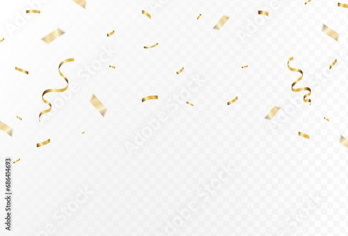 Gold confetti and ribbon streamers falling on a transparent background. blur. Transparent. Small and large.Vector photo