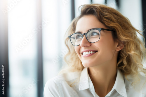 Close up of happy office worker woman thinking about her work. Feminine empowerment concept