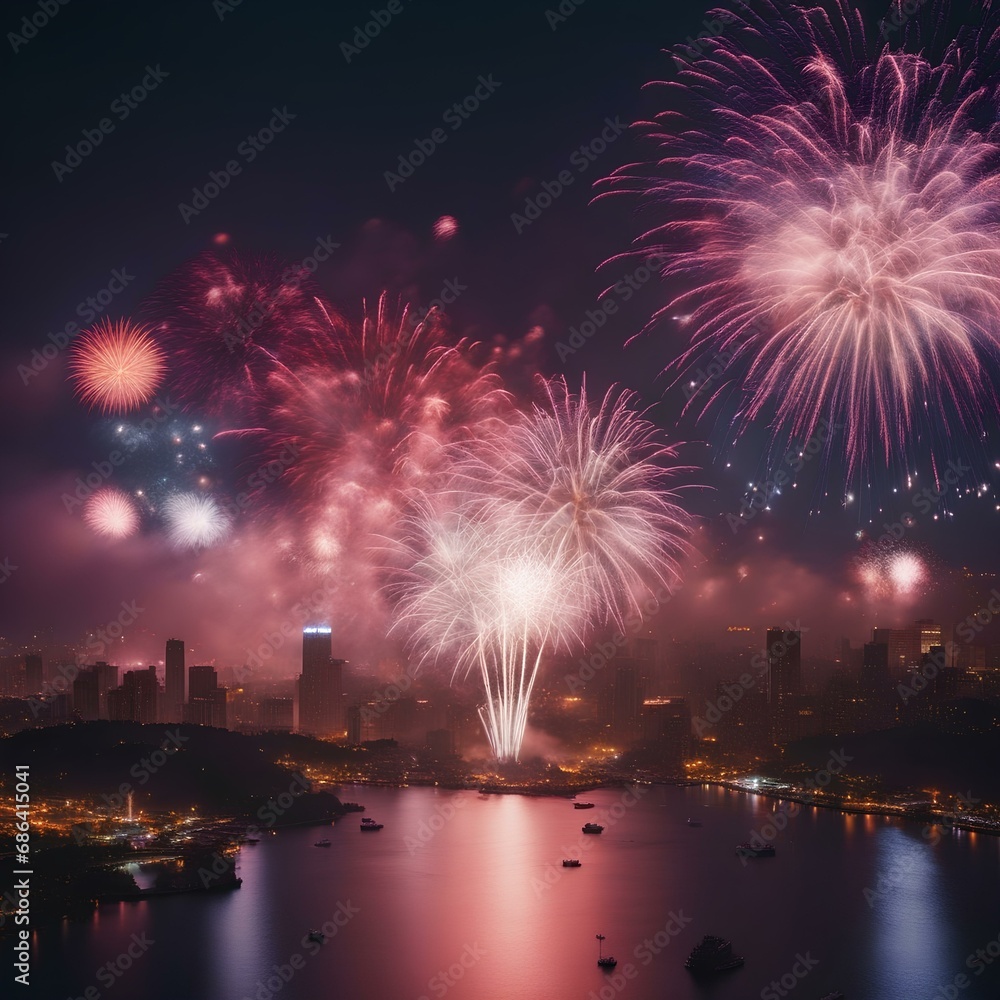 Colorful fireworks over night cityscape with reflection on water. Celebration concept,  4th of July, Independence day, AI Generated