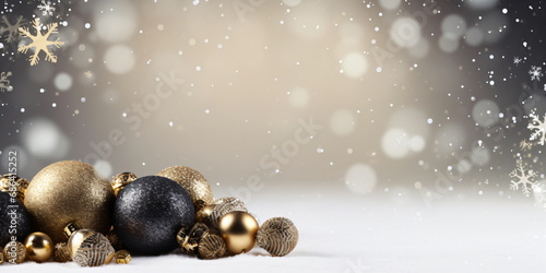 Christmas background with golden and black balls and snowflakes. Copy space. photo