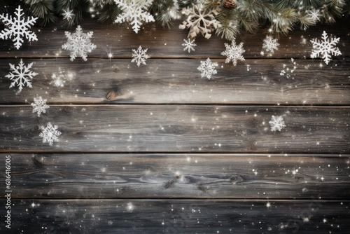 Christmas Fir and Snowflakes on Rustic Wood, Holiday Background