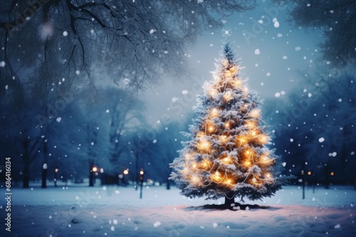 Christmas Tree in a Snowy Park with Twinkling Fairy Lights © Lucija