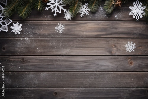 Christmas Postcard Template with Snowflakes and Fir on Wooden Surface