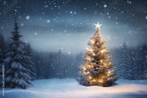 Christmas Tree in Winter Wonderland with Blurred Snowy Background