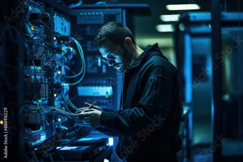 Engineer Working in Data Center on Network Security