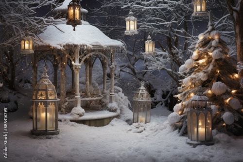 Fairytale Christmas Setting with Snow-Covered Tree and Lanterns