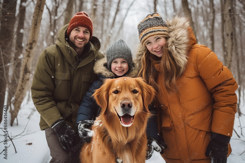  Joyful Winter Trek in Woods with Family and Golden Retriever