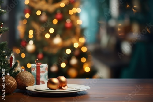 Holiday Table with Blurred Christmas Tree and Decorations