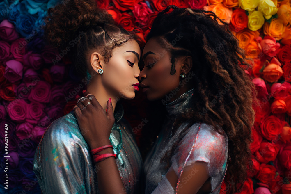 Two lesbian girls in love kiss against the background of a bright multi-colored wall