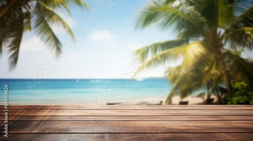 Dark wood floor top on blur tropical beach background, Advertisement, Print media, Illustration, Banner, for website, copy space, for word, template, presentation.
