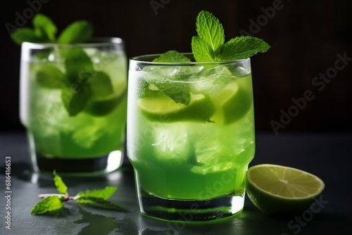 Refreshing mixed drink made with mint and lime. Generative AI