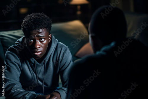 Dark-skinned sad teen guy shares his traumas with a psychologist