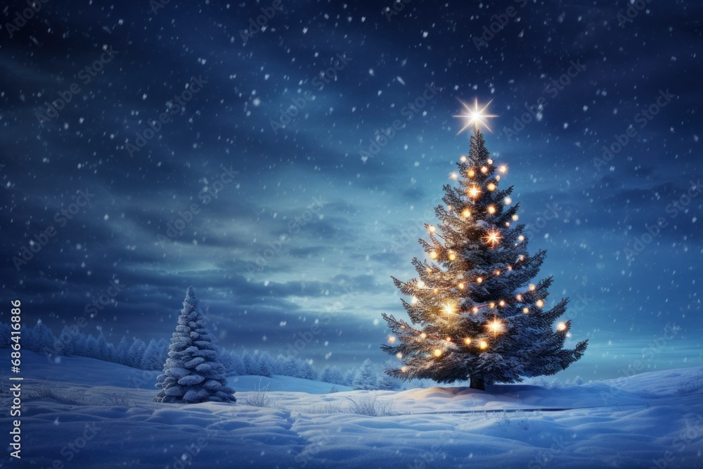 Snowy Christmas Scene with Illuminated Tree and Starry Sky