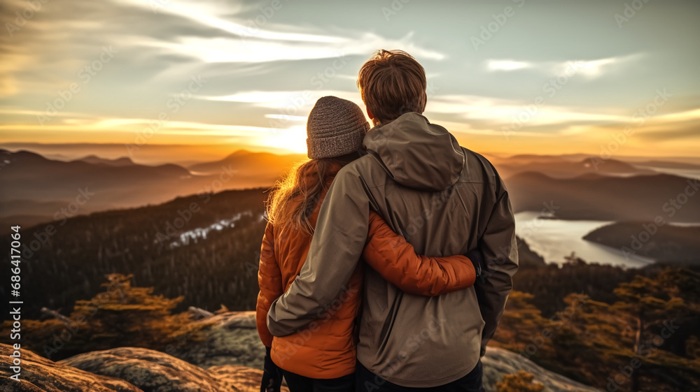 Portrait of the back view of a couple hiker on a mountain peak during golden time. Portrait of the back view of a couple hiker on a mountain peak during golden time.