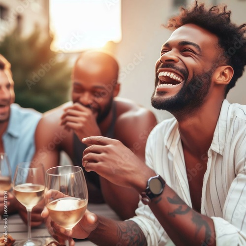An attractive man laughs at friends while talking, enjoying sundowner drinks casual party photo
