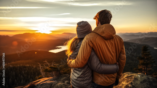 Portrait of the back view of a couple hiker on a mountain peak during golden time.