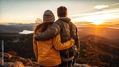 Portrait of the back view of a couple hiker on a mountain peak during golden time. © Jarumas