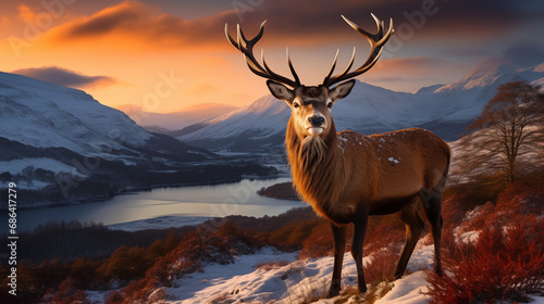 A majestic red deer stag set against the backdrop of the Scottish Highlands during a stunning winter landscape sunrise © Djalma