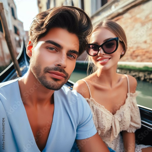 Close up of beautiful attractive couple sitting in a gondola in Venice and sightseeing the city on a sunny day