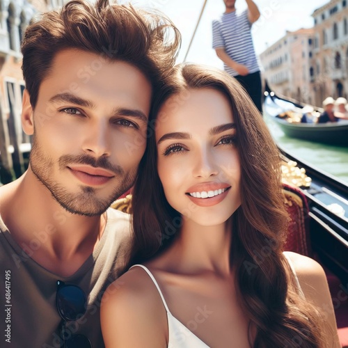 Close up of beautiful attractive couple sitting in a gondola in Venice and sightseeing the city on a sunny day