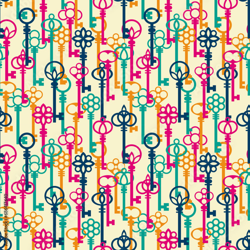 Colorful overlapping style antique keys vertical pattern. Vector seamless pattern design for textile, fashion, paper and wrapping. 
