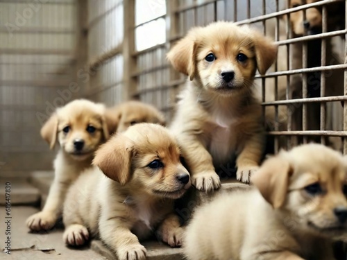 Dog puppies at shelter, unconditional love for animals, concept of helping poor animals in crisis, happy animals in asylum
