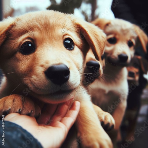 Dog puppies at shelter, unconditional love for animals, concept of helping poor animals in crisis, happy animals in asylum