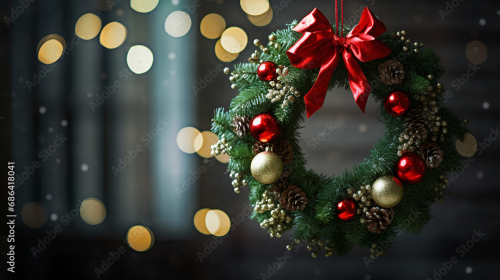 Christmas wreath with red and gold balls on bokeh background