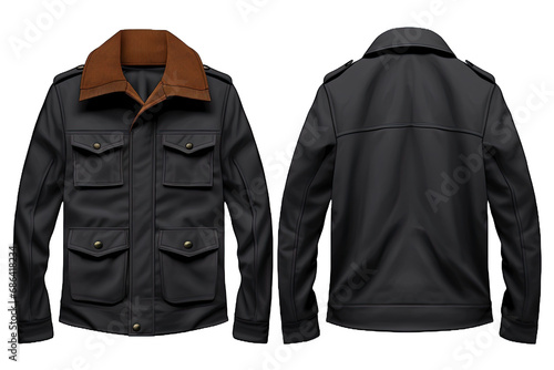 front and back view Black Jacket with Brown Collar, transparent background