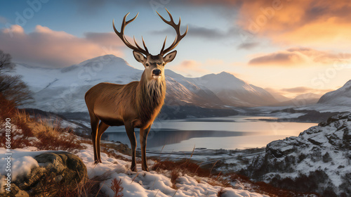 A majestic red deer stag set against the backdrop of the Scottish Highlands during a stunning winter landscape sunrise © Djalma