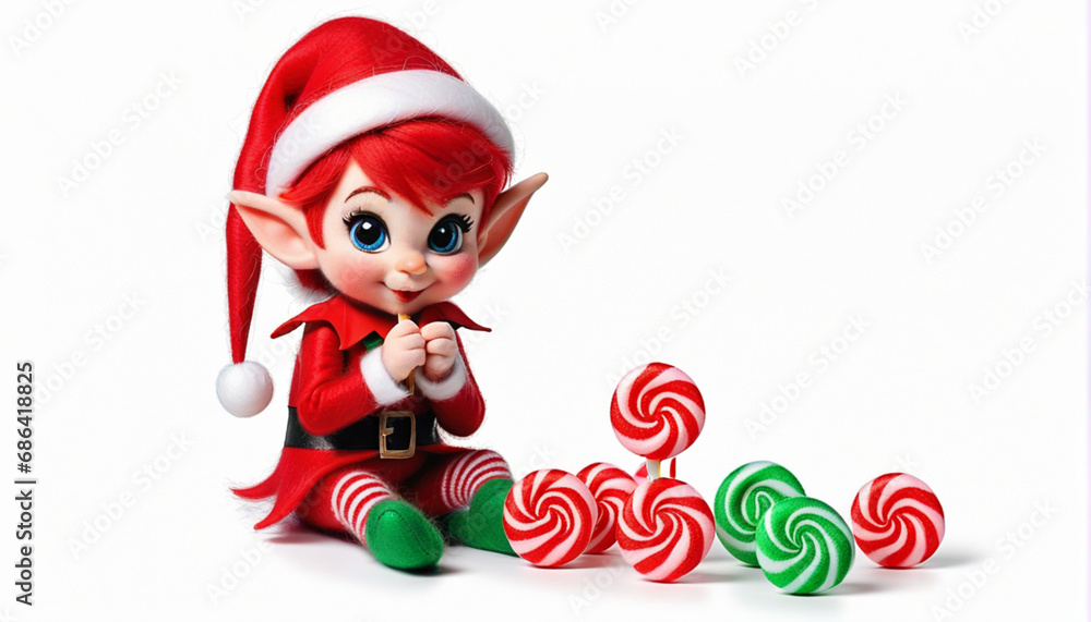 red naughty elf, mischievous, with striped candy, Christmas, felting material, on a white background red naughty elf, mischievous, with striped candy, Christmas, felting material, on a white background